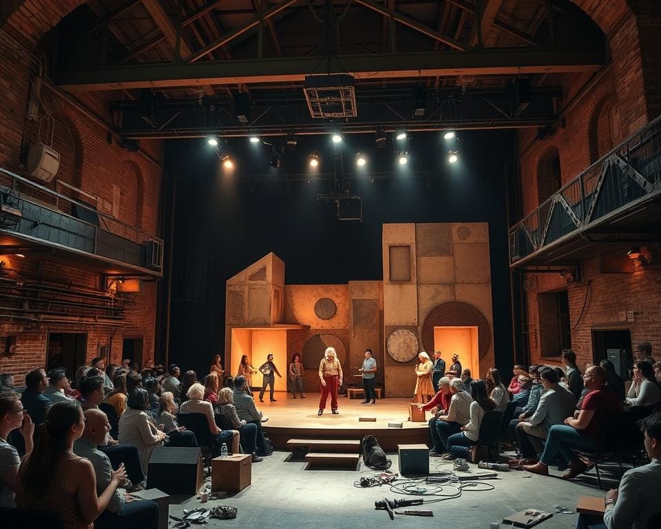 Theateroptreden in een oude fabriek met moderne voorstellingen