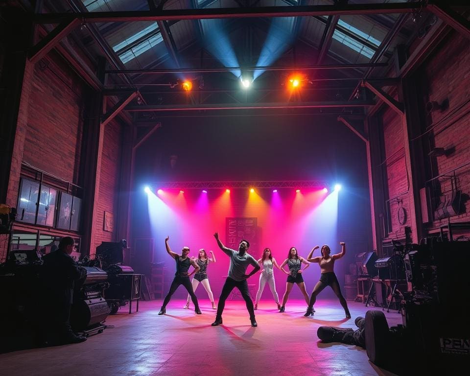 Theateroptreden in een oude fabriek met moderne voorstellingen